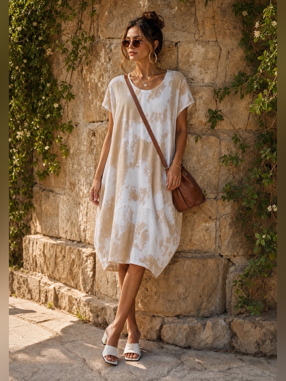 Liabella Italian Linen Cotton Dress S Neutral Beige White Tie Dye Cocoon